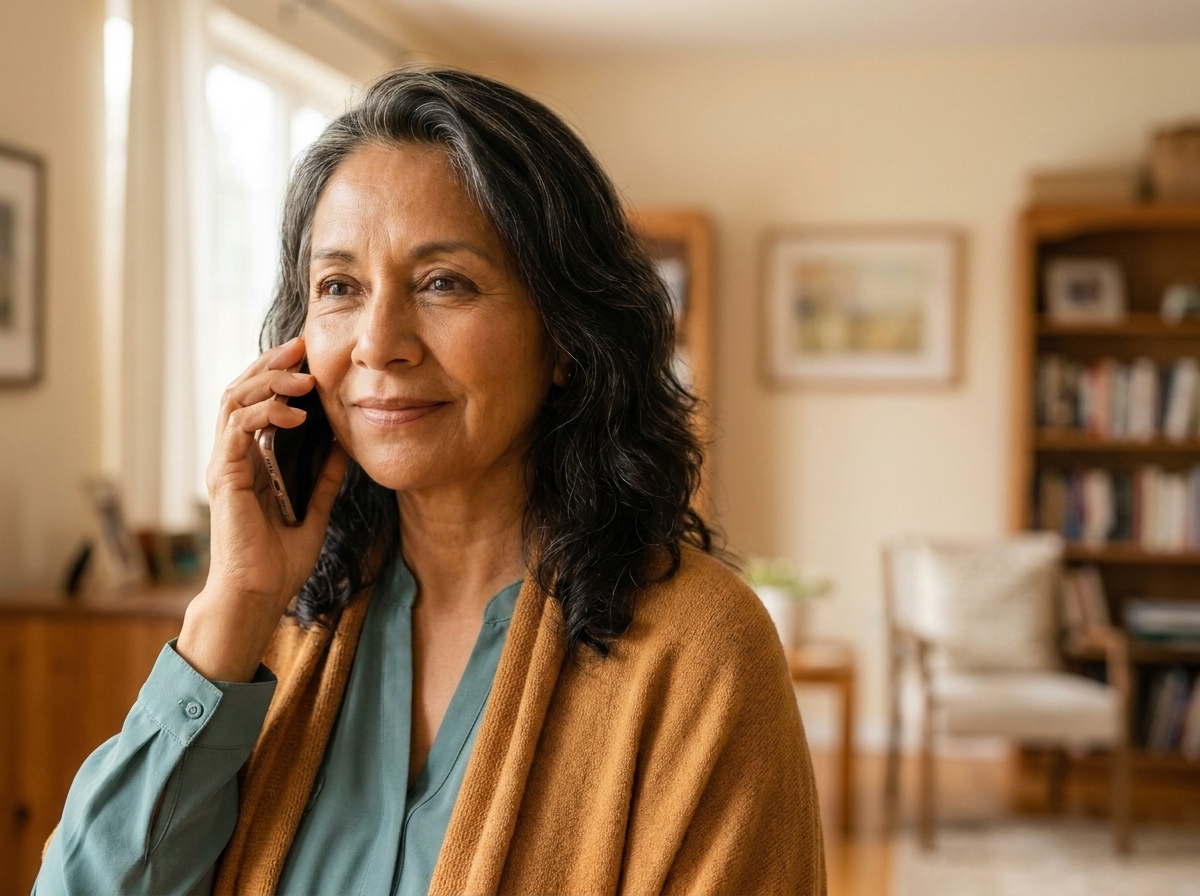 An older Latina woman with wavy grey-streaked hair holds a phone to her ear, smiling gently as she talks.