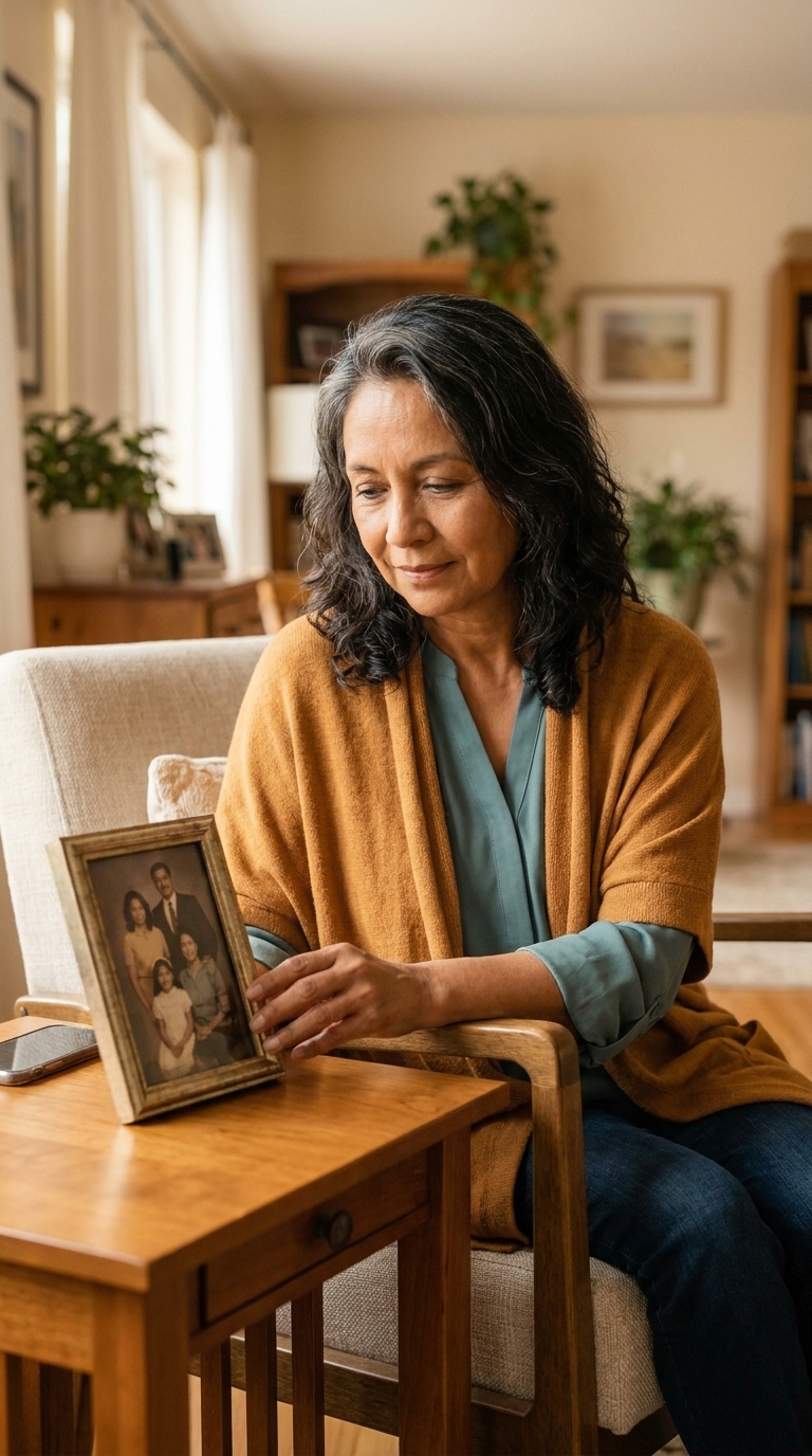An older Latina woman with wavy grey-streaked hair looks tenderly at a framed family photo of children and adults, her phone sitting quietly nearby.