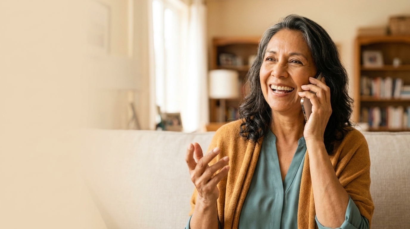 An older Latina woman with wavy grey-streaked hair sits on a sofa in a bright living room, laughing warmly as she talks on her phone.