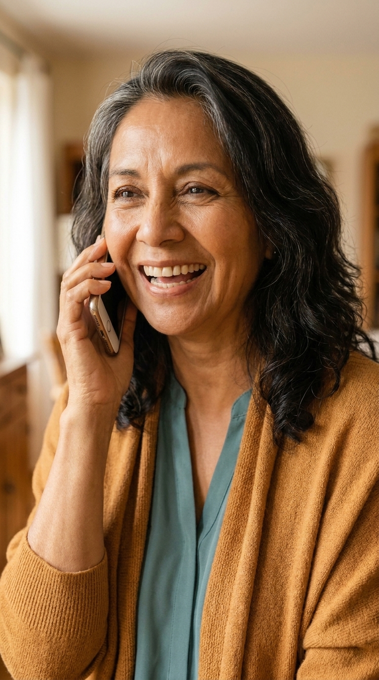 A close, bright portrait of an older Latina woman with wavy grey-streaked hair laughing openly while holding her phone.