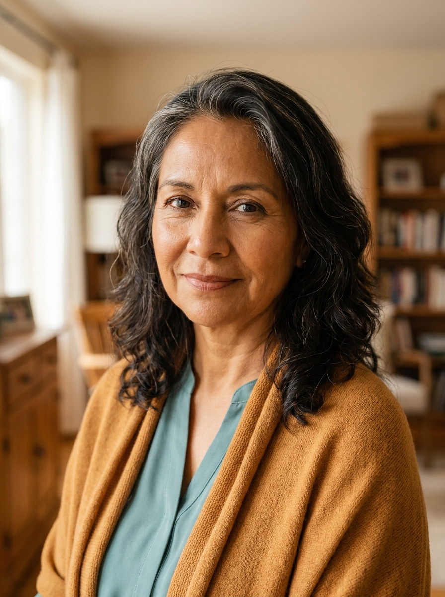An older Latina woman with wavy grey-streaked hair sits comfortably in a soft armchair by a window, holding her phone and smiling gently toward the camera.