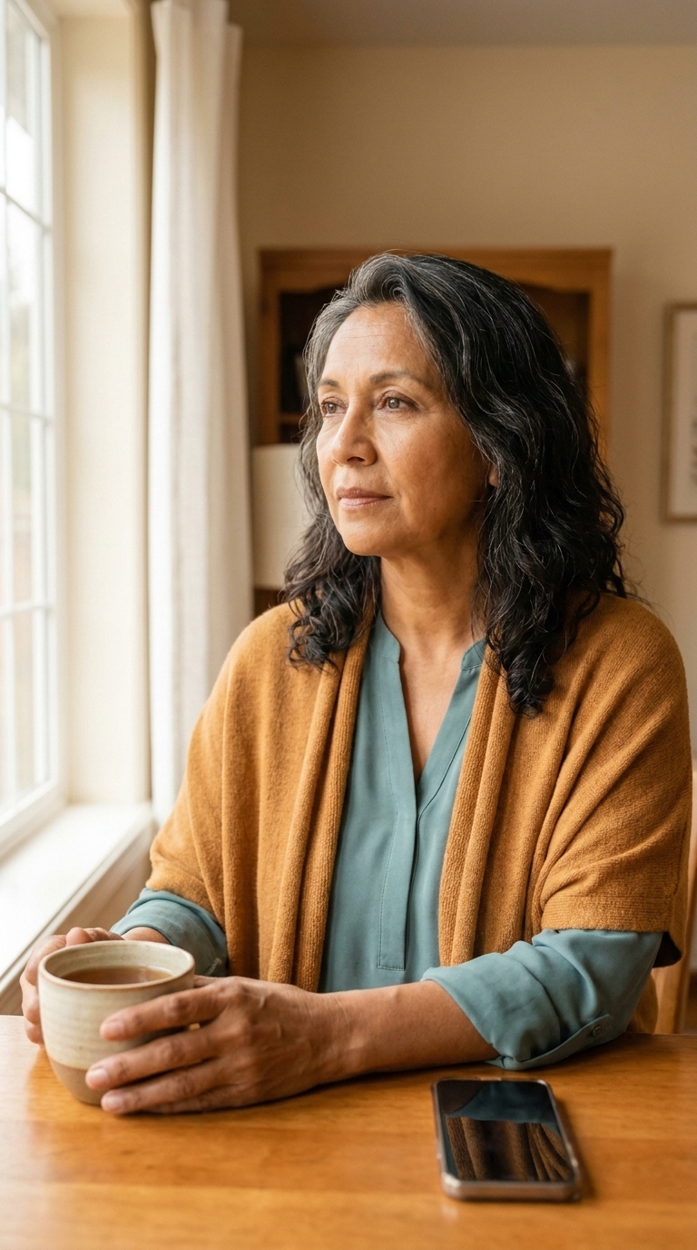 An older Latina woman with wavy grey-streaked hair sits alone by a sunny window, looking thoughtfully into the distance, a cup of tea in hand and her phone resting nearby.