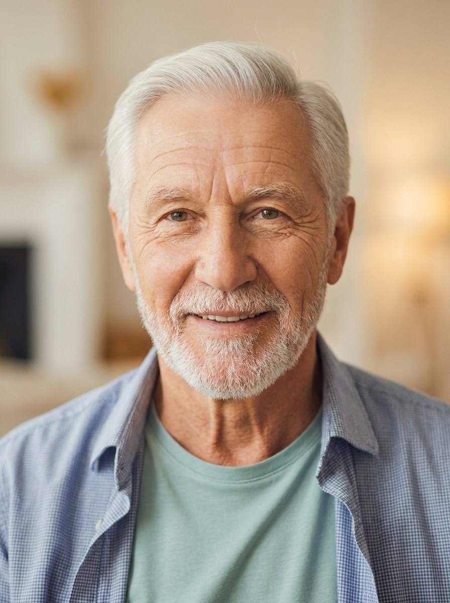 Dad — an older man with white hair and a beard, smiling gently.