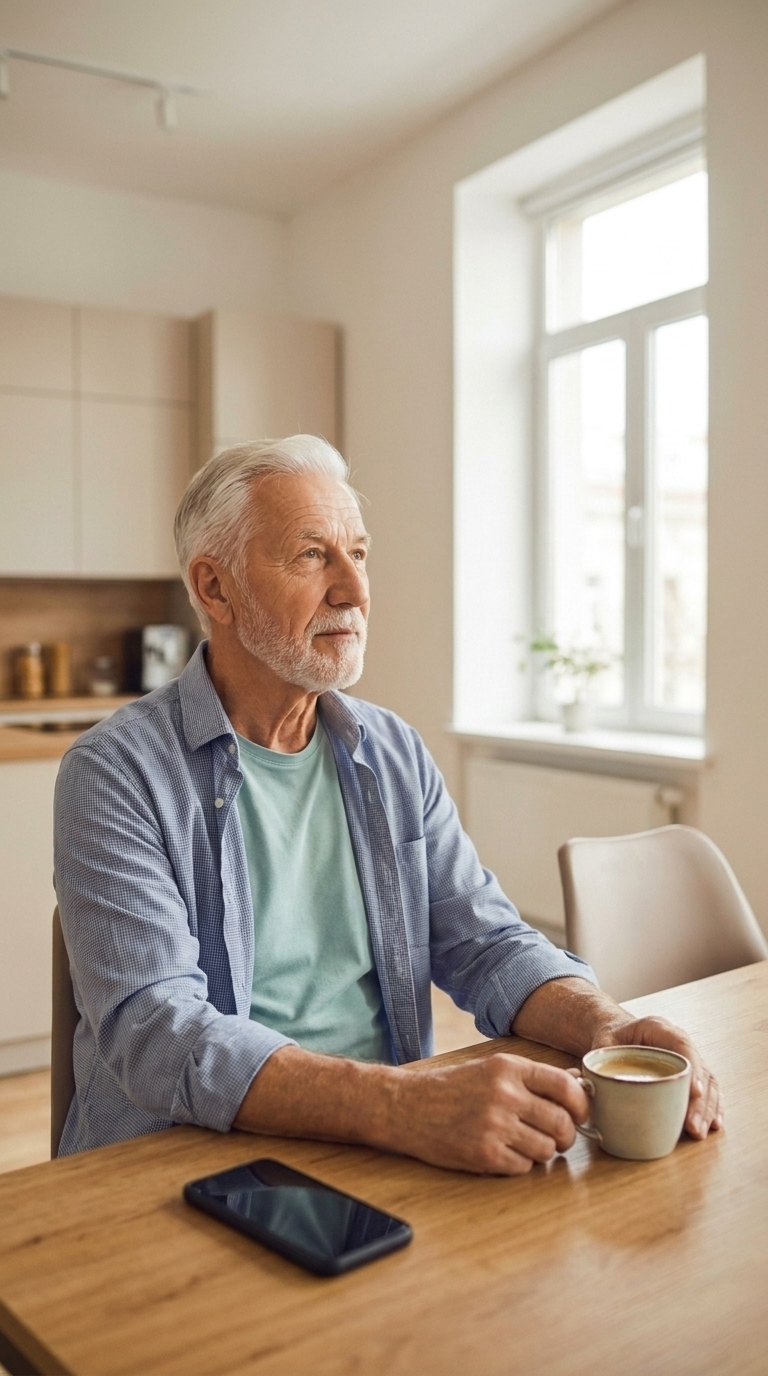 The same man sits alone at a kitchen table by a sunny window, looking thoughtfully into the distance, a coffee mug in hand and his phone face-down on the table.