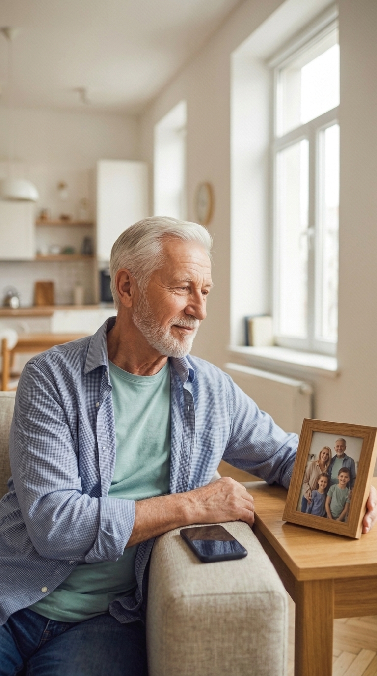 The same man rests his arm on the sofa and looks tenderly at a framed family photo of children and adults, his phone sitting quietly beside him.