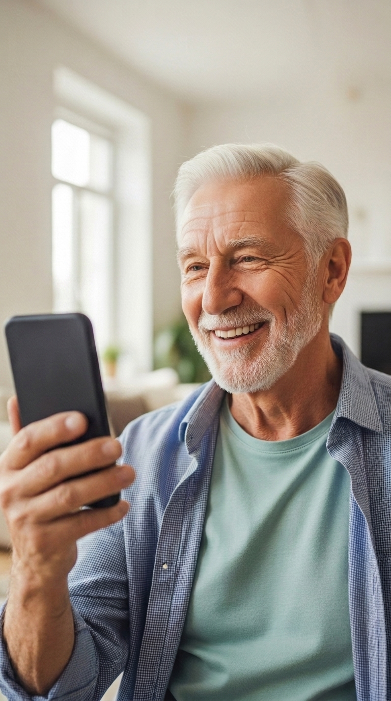 A close, bright portrait of the same man laughing openly as he looks at the phone in his hand.