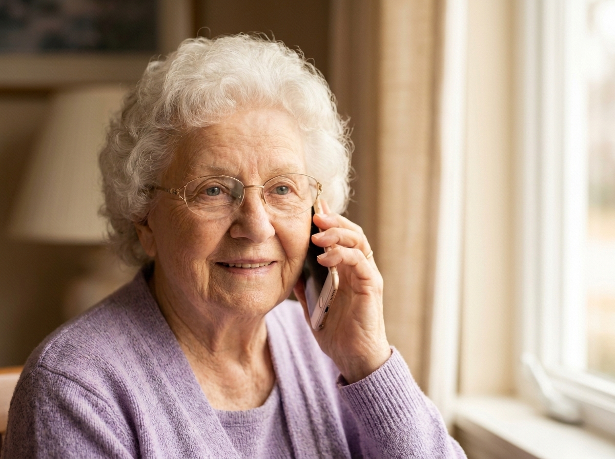 An older white woman with white curls and glasses holds a phone to her ear, smiling gently as she talks.
