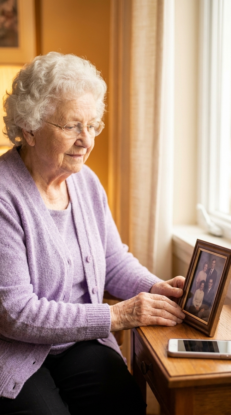 An older white woman with white curls and glasses looks tenderly at a framed family photo of children and adults, her phone sitting quietly nearby.