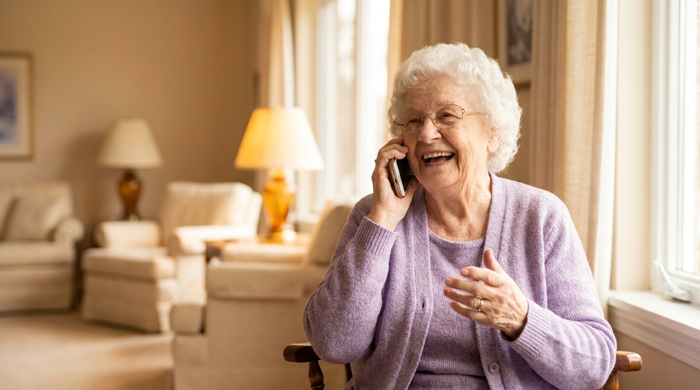An older white woman with white curls and glasses sits on a sofa in a bright living room, laughing warmly as she talks on her phone.