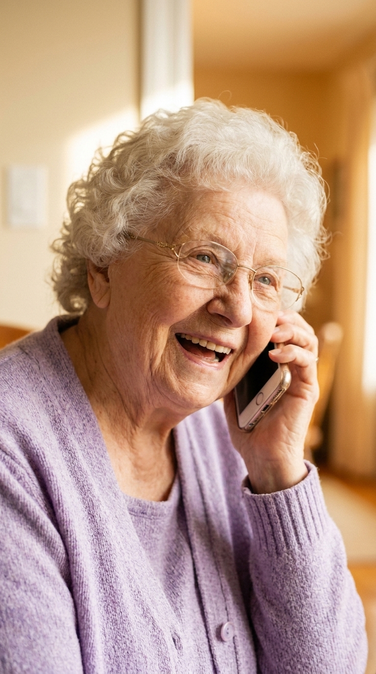 A close, bright portrait of an older white woman with white curls and glasses laughing openly while holding her phone.