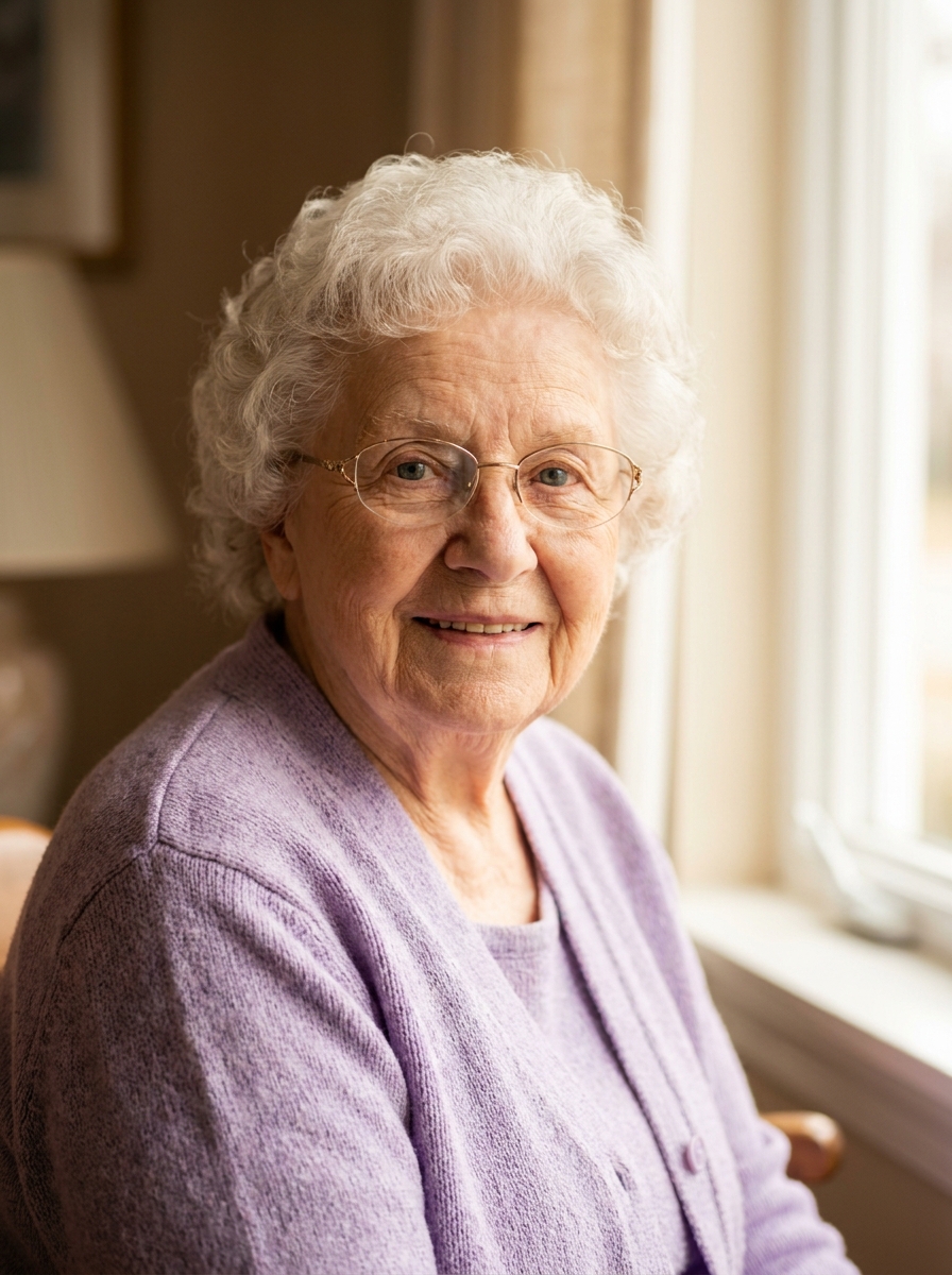 An older white woman with white curls and glasses sits comfortably in a soft armchair by a window, holding her phone and smiling gently toward the camera.
