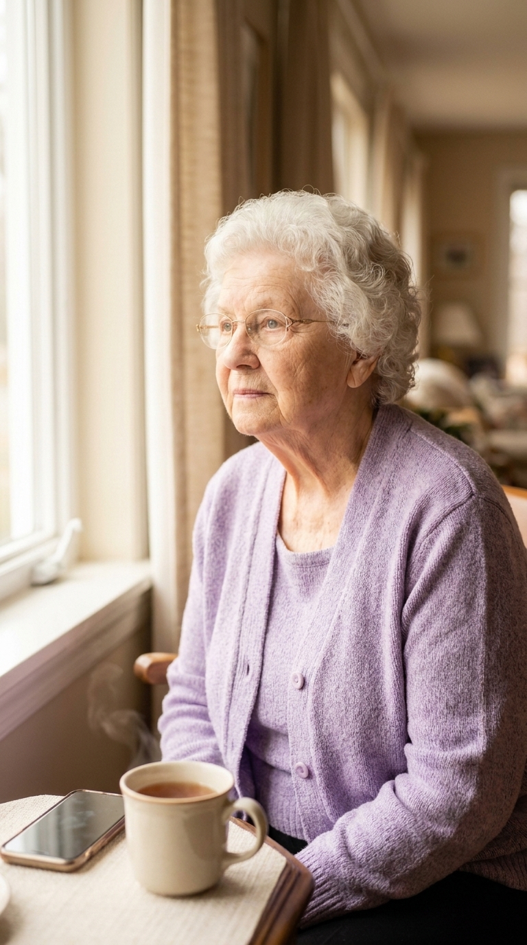 An older white woman with white curls and glasses sits alone by a sunny window, looking thoughtfully into the distance, a cup of tea in hand and her phone resting nearby.