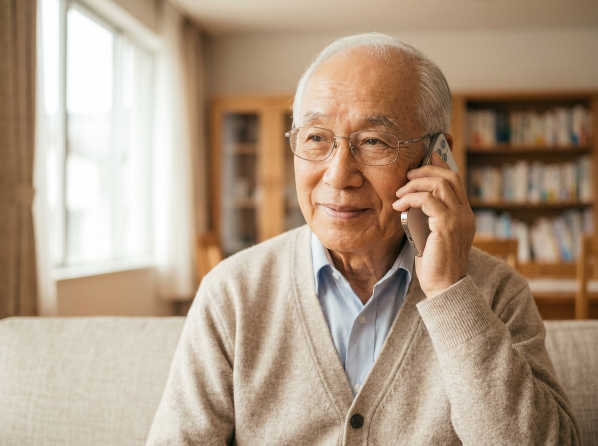 An older East Asian man with white hair and glasses holds a phone to his ear, smiling gently as he talks.