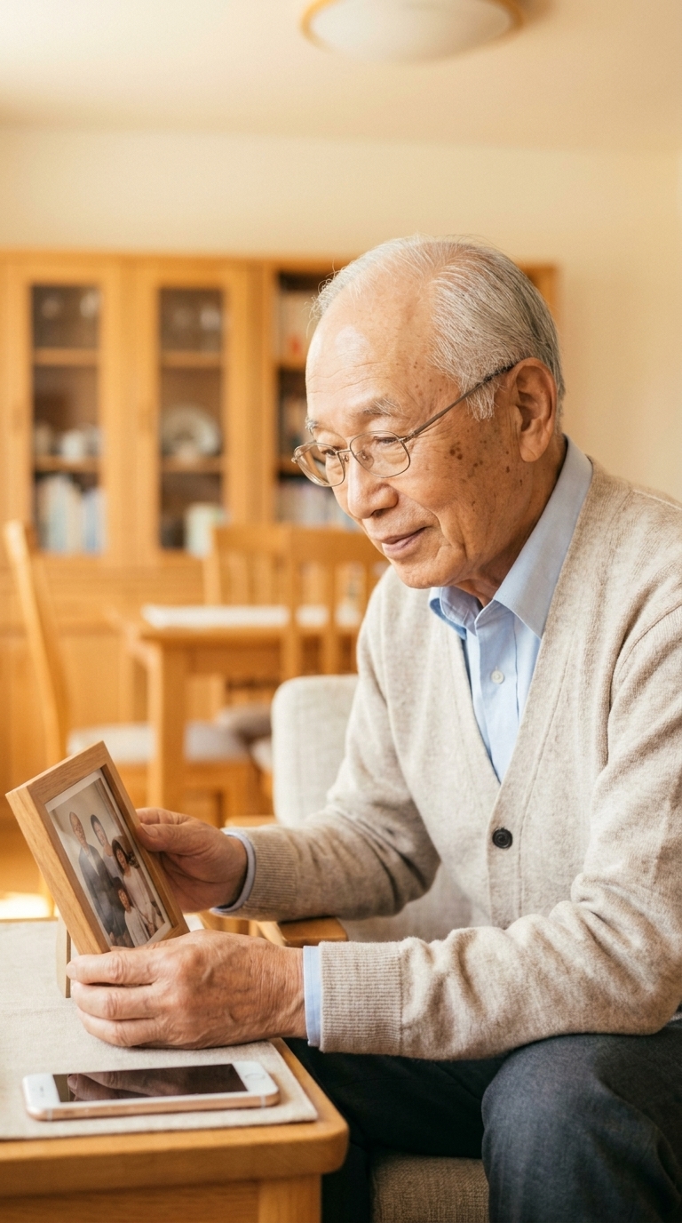 An older East Asian man with white hair and glasses looks tenderly at a framed family photo of children and adults, his phone sitting quietly nearby.