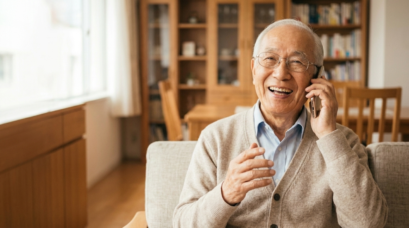 An older East Asian man with white hair and glasses sits on a sofa in a bright living room, laughing warmly as he talks on his phone.
