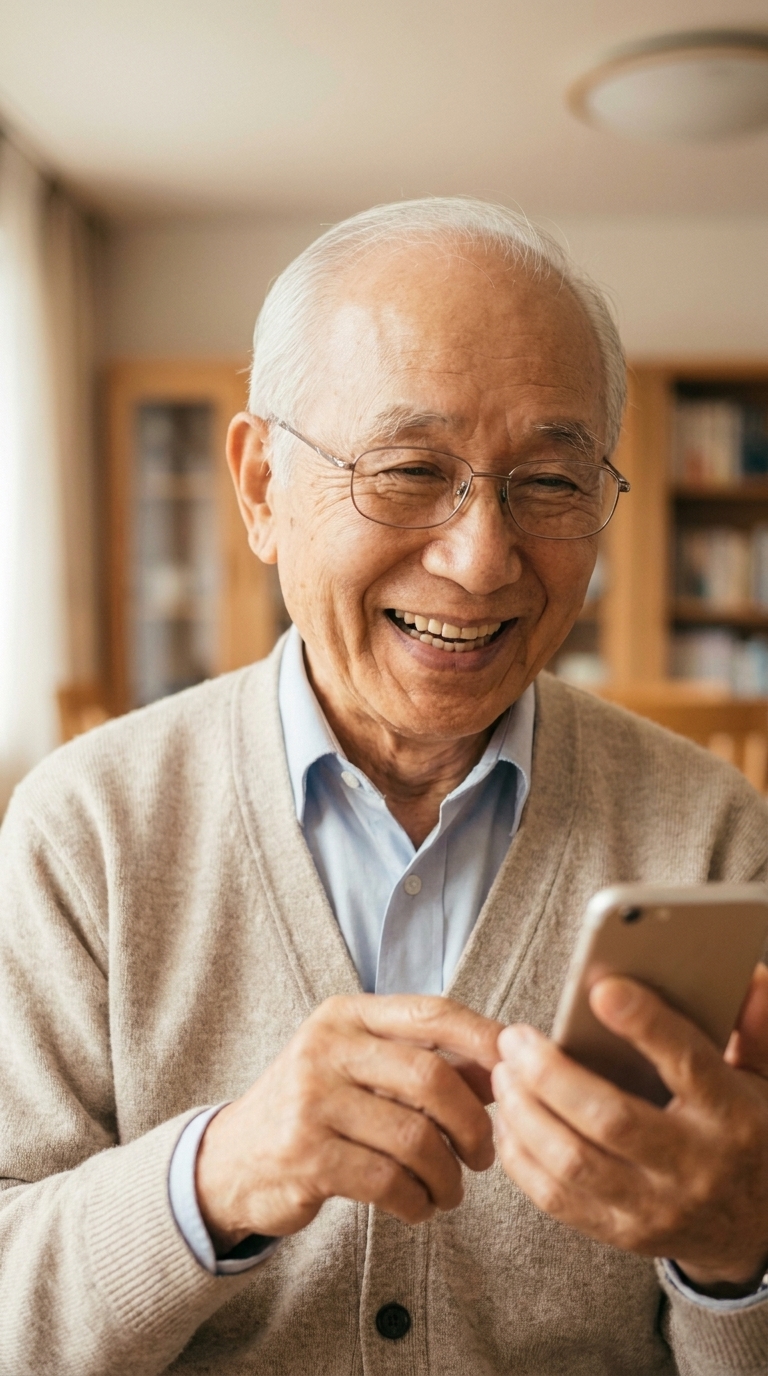 A close, bright portrait of an older East Asian man with white hair and glasses laughing openly while holding his phone.