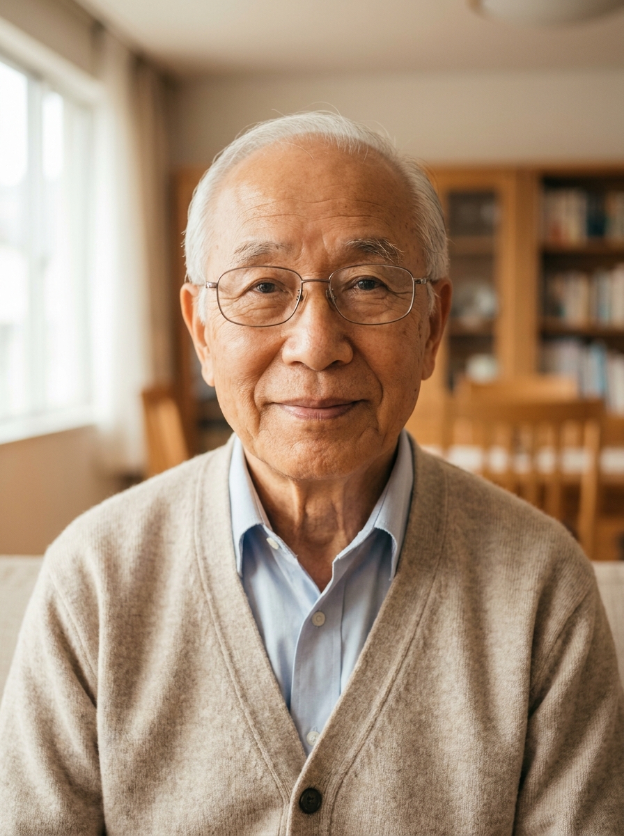 An older East Asian man with white hair and glasses sits comfortably in a soft armchair by a window, holding his phone and smiling gently toward the camera.