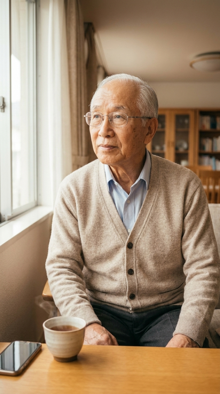 An older East Asian man with white hair and glasses sits alone by a sunny window, looking thoughtfully into the distance, a cup of tea in hand and his phone resting nearby.