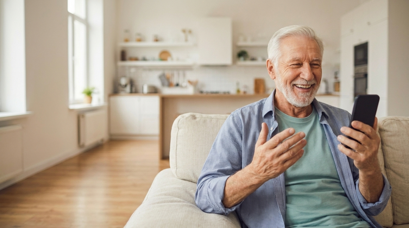 An older man with white hair and a beard sits on a light sofa in a bright kitchen, laughing warmly as he talks on his phone.