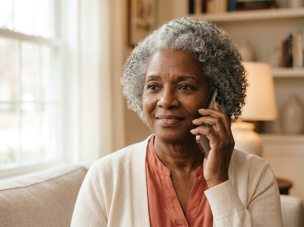 An older Black woman with silver-grey curls holds a phone to her ear, smiling gently as she talks.