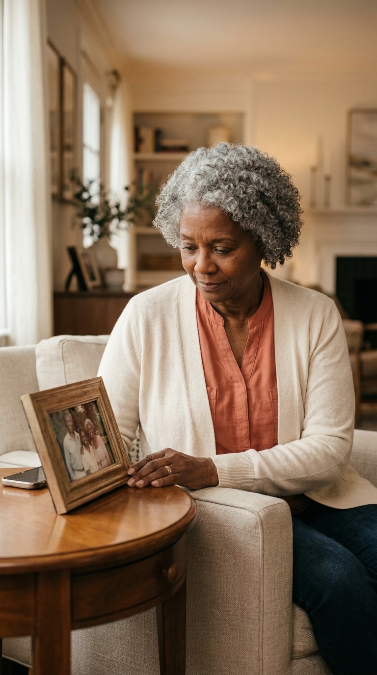 An older Black woman with silver-grey curls looks tenderly at a framed family photo of children and adults, her phone sitting quietly nearby.