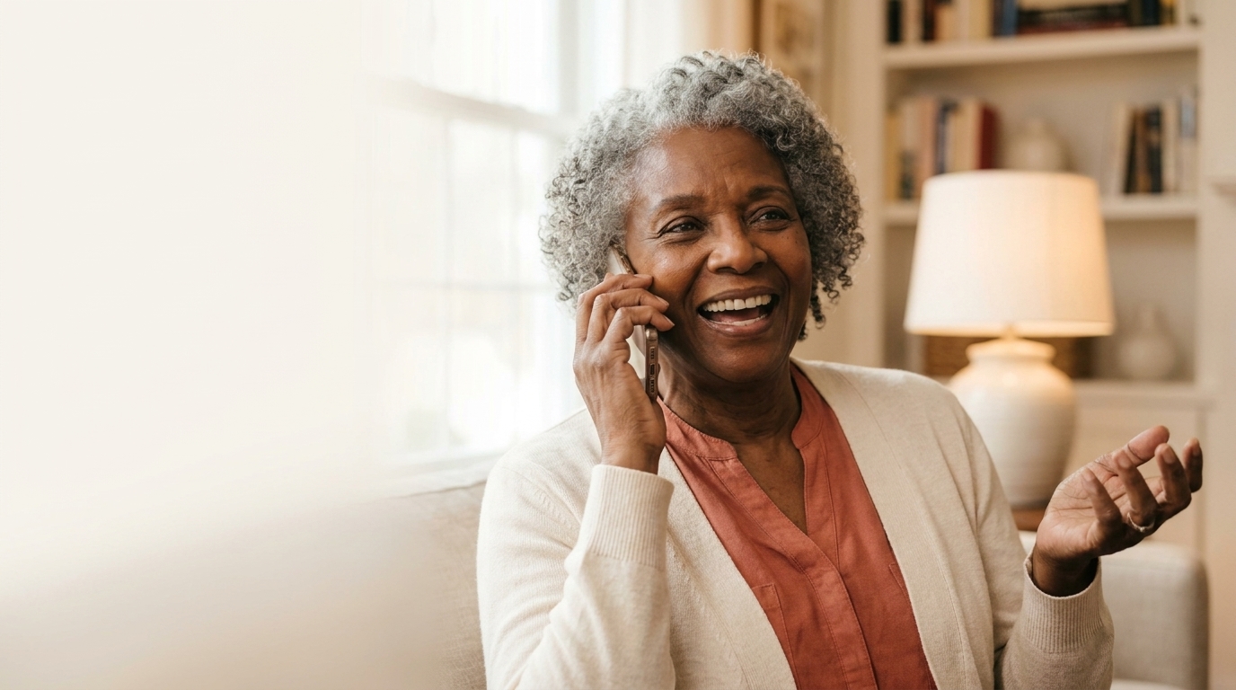 An older Black woman with silver-grey curls sits on a sofa in a bright living room, laughing warmly as she talks on her phone.