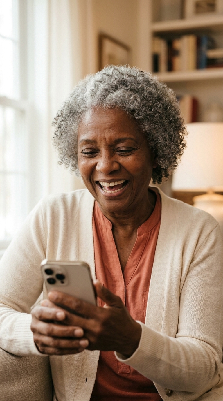 A close, bright portrait of an older Black woman with silver-grey curls laughing openly while holding her phone.