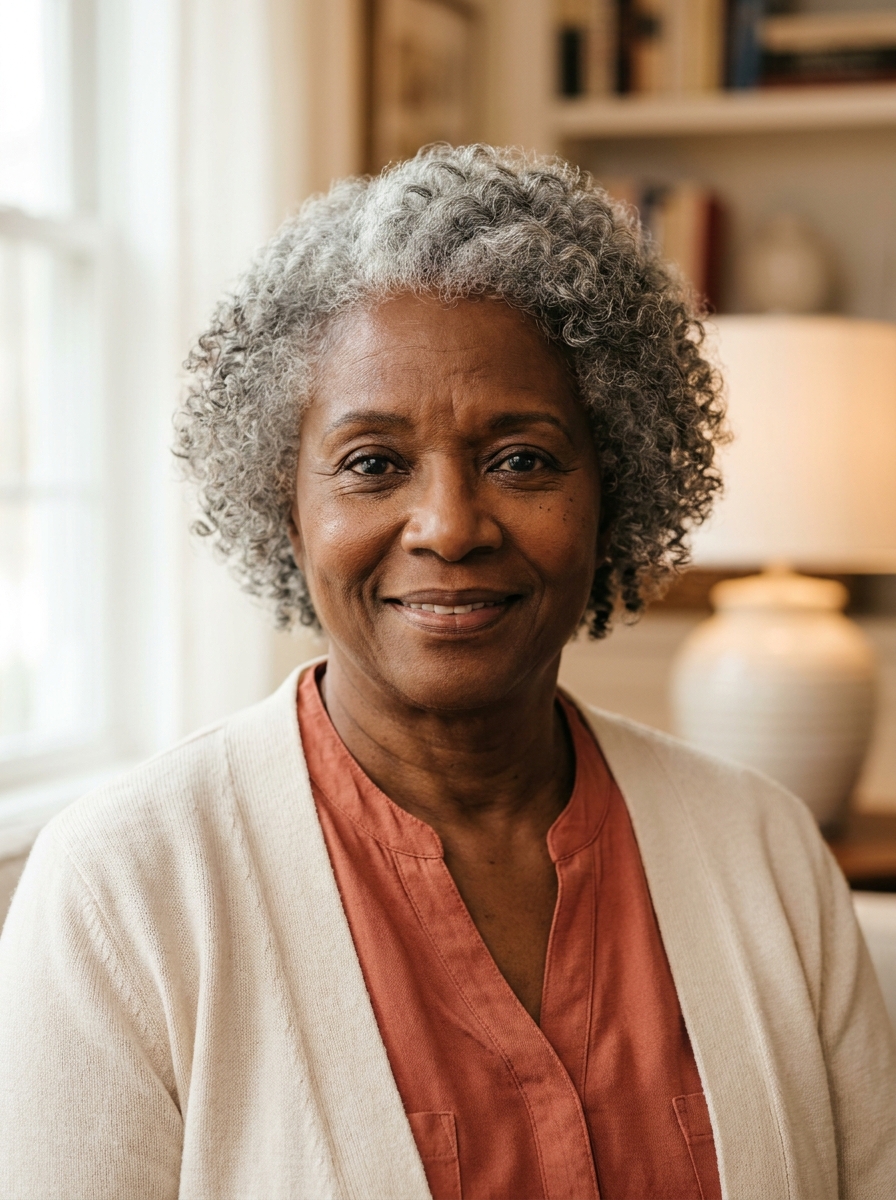 An older Black woman with silver-grey curls sits comfortably in a soft armchair by a window, holding her phone and smiling gently toward the camera.