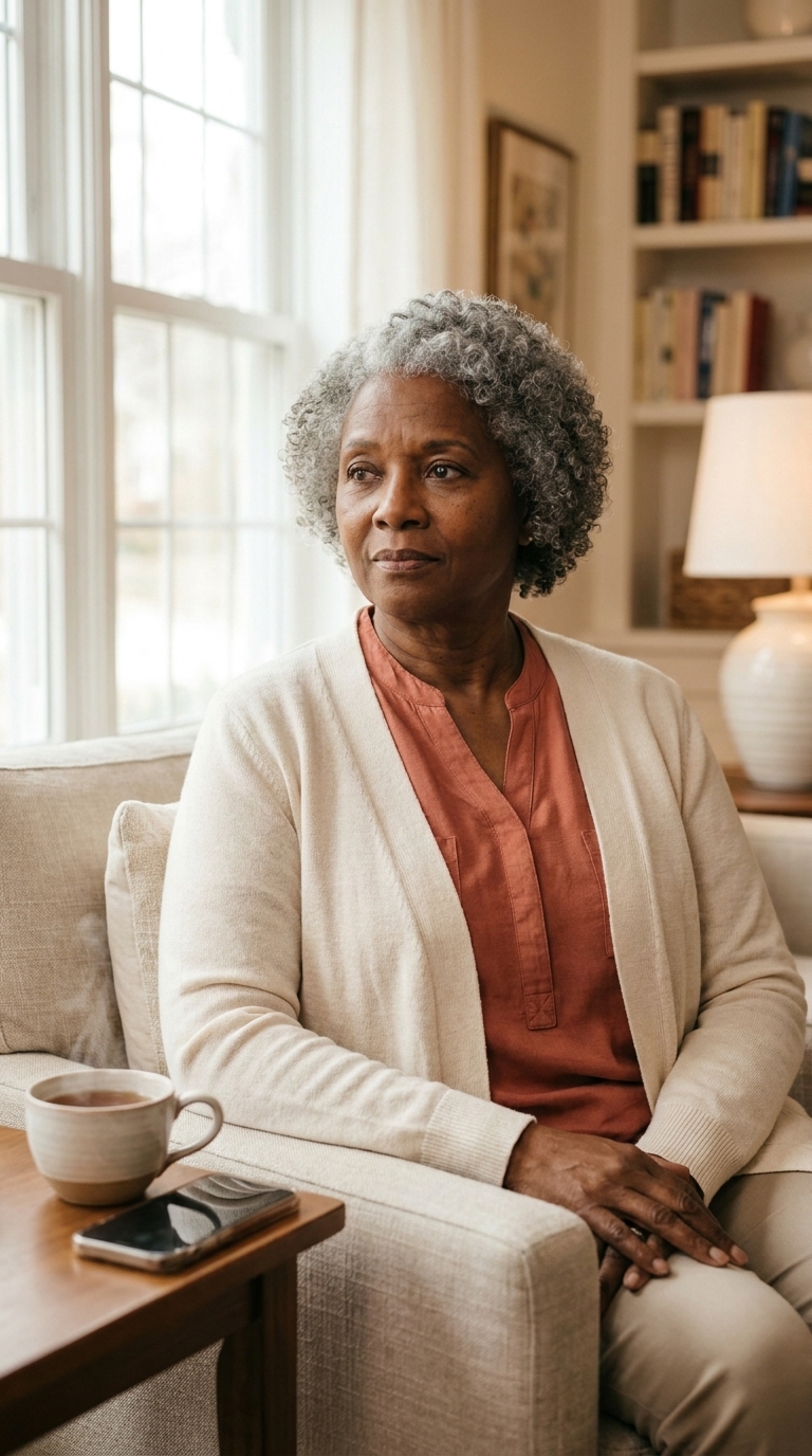 An older Black woman with silver-grey curls sits alone by a sunny window, looking thoughtfully into the distance, a cup of tea in hand and her phone resting nearby.