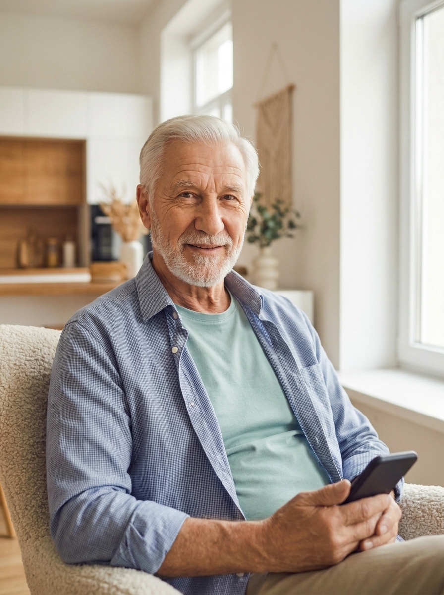 The same white-haired, bearded man sits comfortably in a soft armchair by a window, holding his phone and smiling gently toward the camera.