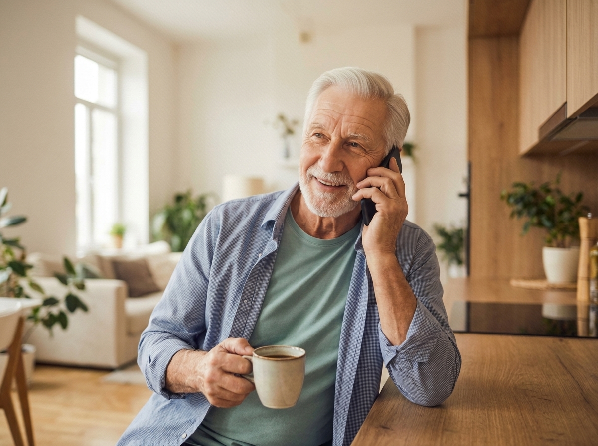 The same man leans against a sunny kitchen counter holding a coffee mug, smiling as he talks on his phone.