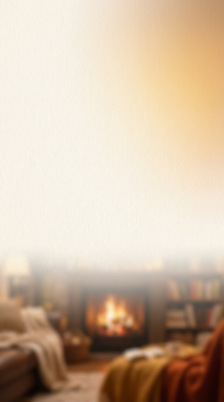 A warm cream and marigold living room glows softly by a fireplace.