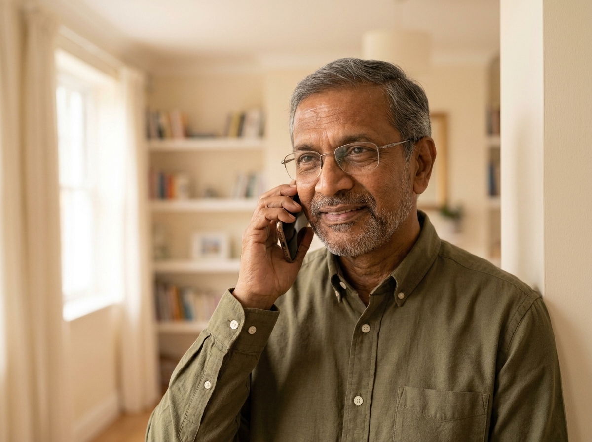 An older South Asian man with a grey beard and glasses holds a phone to his ear, smiling gently as he talks.