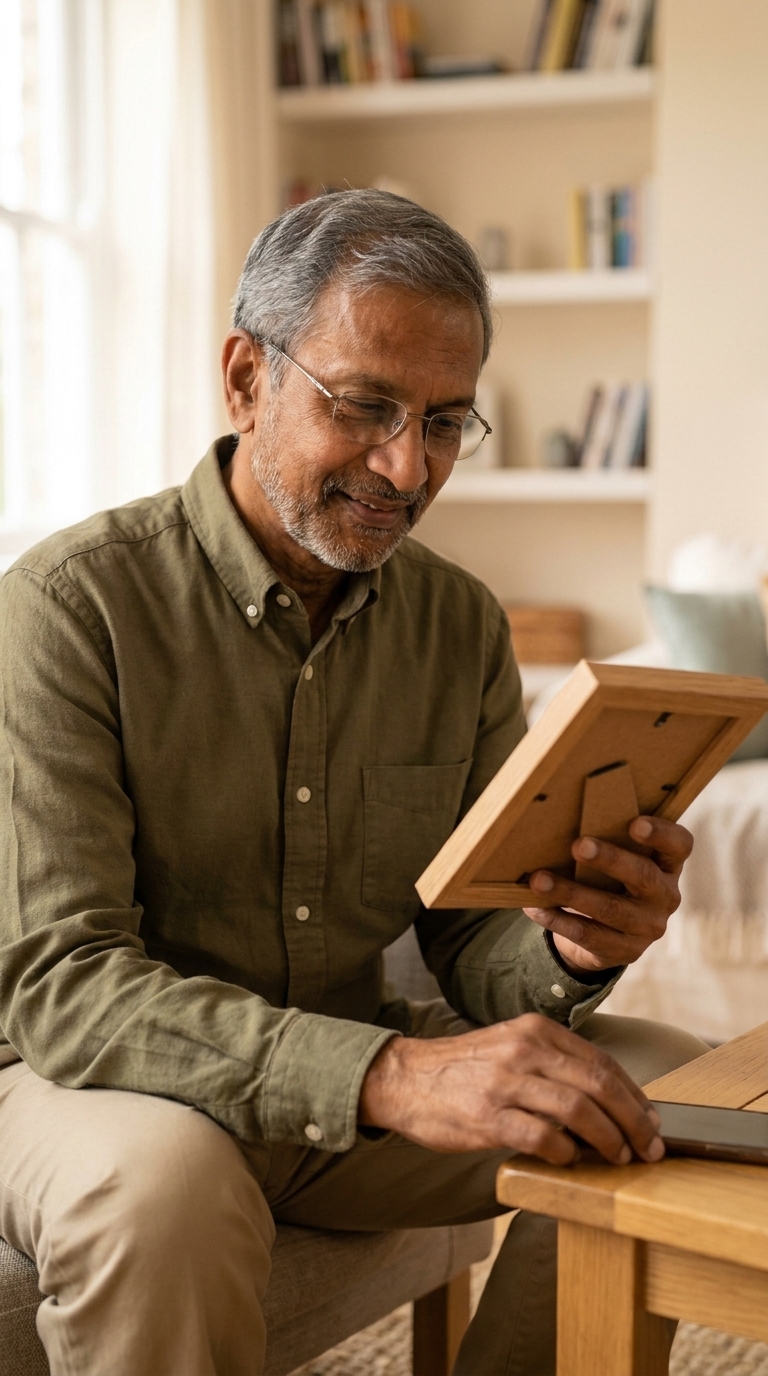 An older South Asian man with a grey beard and glasses looks tenderly at a framed family photo of children and adults, his phone sitting quietly nearby.