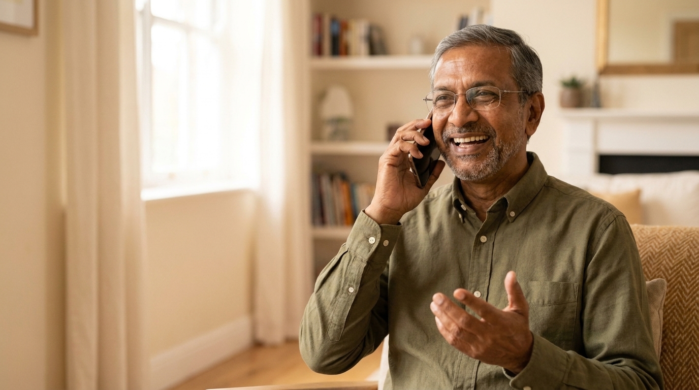 An older South Asian man with a grey beard and glasses sits on a sofa in a bright living room, laughing warmly as he talks on his phone.