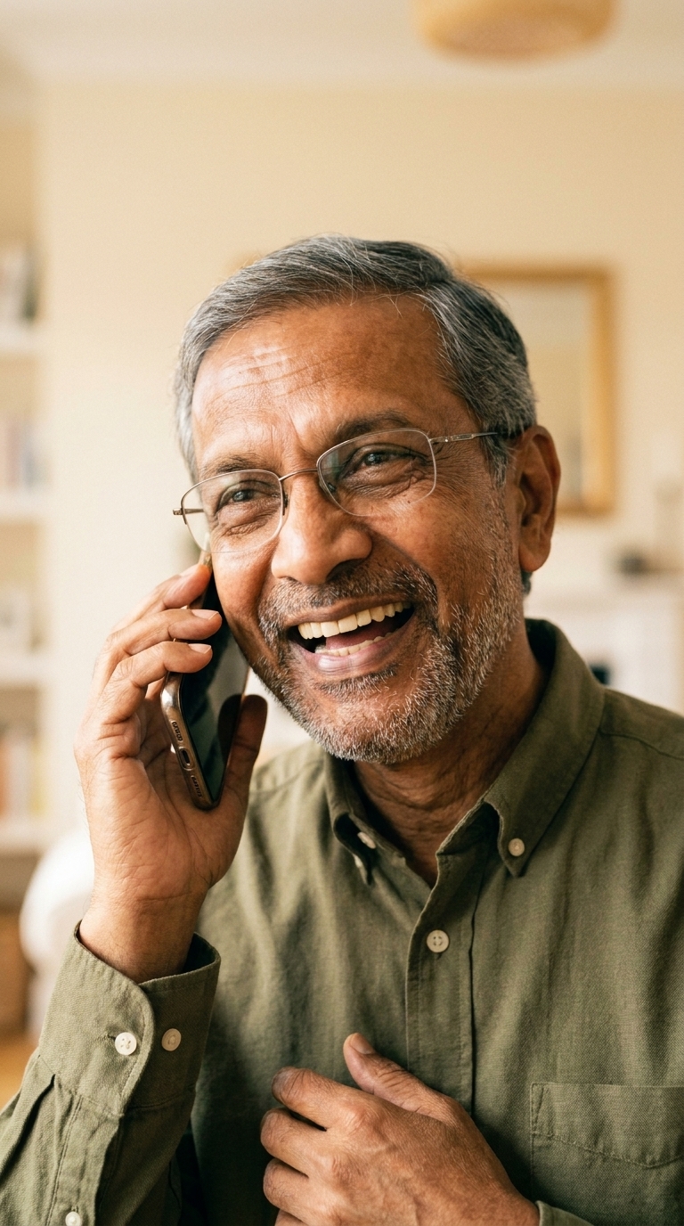 A close, bright portrait of an older South Asian man with a grey beard and glasses laughing openly while holding his phone.