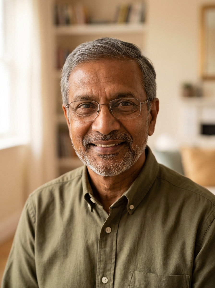 An older South Asian man with a grey beard and glasses sits comfortably in a soft armchair by a window, holding his phone and smiling gently toward the camera.
