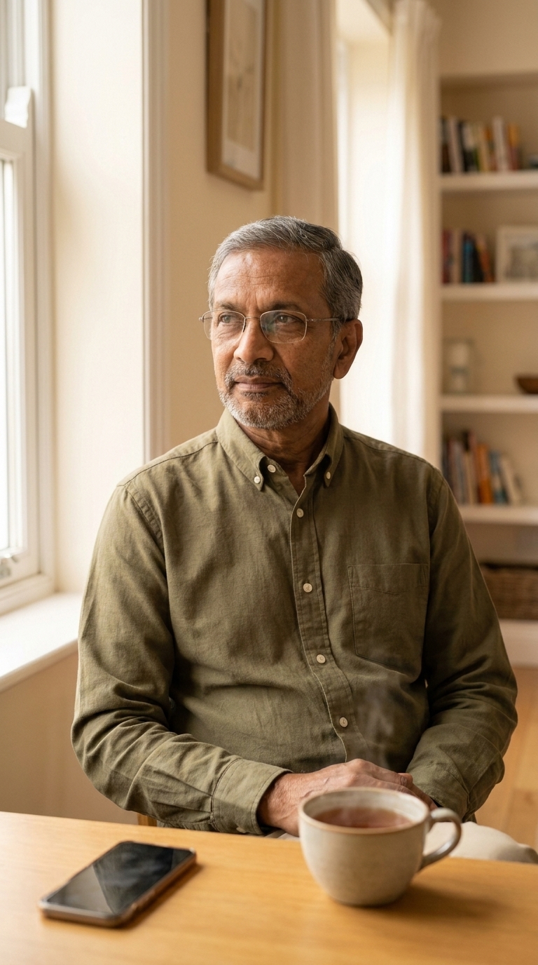 An older South Asian man with a grey beard and glasses sits alone by a sunny window, looking thoughtfully into the distance, a cup of tea in hand and his phone resting nearby.